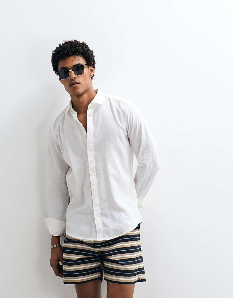 Chemise ajustée à manches longues en lin mélangé - Blanc